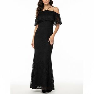 NICOLE MILLER Black Lace Strappy Off Shoulder Mermaid Formal Maxi Dress Gown 8
